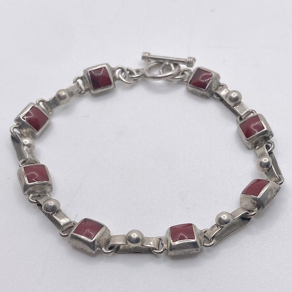 Vintage Jewelry - STERLING Silver Jasper Stone Panel Link Toggle Clasp Bracelet 7.5” - Vintage